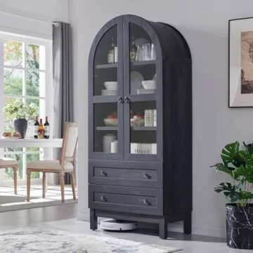 IFGET 71" Tall Arched Kitchen Pantry Cabinet, Wood Kitchen Storage Cabinets with 2 Large Drawers and Adjustable Shelves, Modern Farmhouse Versatile Cupboard for Kitchen, Dining Room, Bathroom, Grey