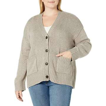 The Drop Women's Brigitte Chunky Button Front Pocket Ribbed Cardigan, Heather Mushroom, 5X, Plus Size