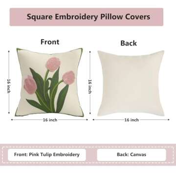 Tosleo Embroidery Throw Pillow Covers 16x16 Pack of 2 Pink Tulip Flower Pillowcases Valentine's Day ...