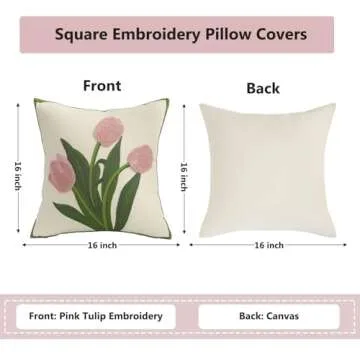 Tosleo Embroidery Throw Pillow Covers 16x16 Pack of 2 Pink Tulip Flower Pillowcases Valentine's Day ...