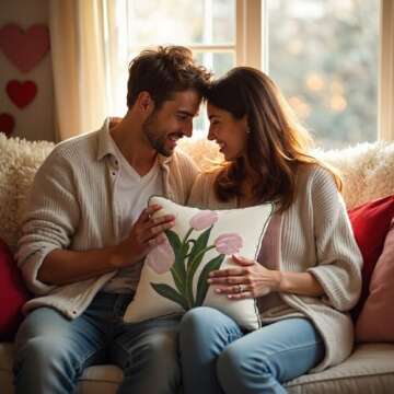 Tosleo Embroidery Throw Pillow Covers 16x16 Pack of 2 Pink Tulip Flower Pillowcases Valentine's Day Decor Spring Pillow Covers Cotton Canvas Cushion Cover Square Farmhouse Floral Pillow Case