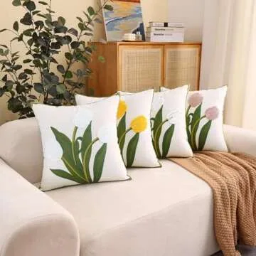 Tosleo Embroidery Throw Pillow Covers 16x16 Pack of 2 Pink Tulip Flower Pillowcases Valentine's Day Decor Spring Pillow Covers Cotton Canvas Cushion Cover Square Farmhouse Floral Pillow Case