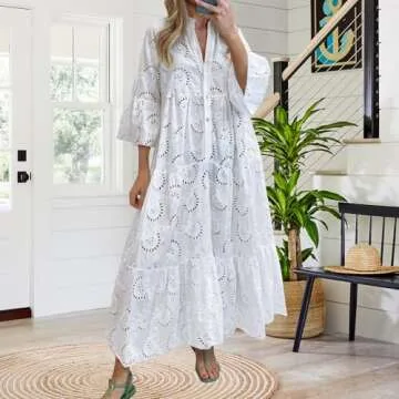 DMOYALA Women's White Eyelet Maxi Dress - Boho Lace Dress for Summer