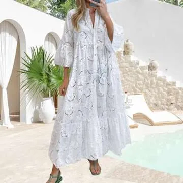 DMOYALA Women's Eyelet Maxi Dress Boho Chic Summer Style