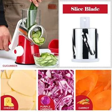 Ourokhome Rotary Cheese Grater Hand Crank, Kitchen Shredder Speed Mandolin Slicer Nut Grinder with Handle and Drum Blades for Cheese, Vegetable, Walnut, Chocolate, Potato, Carrot, 3 Blades, Red