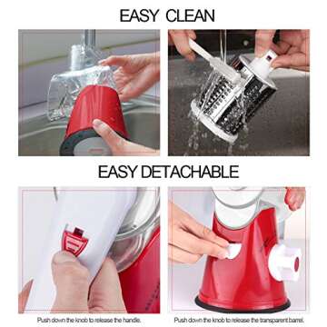 Ourokhome Rotary Cheese Grater Hand Crank, Kitchen Shredder Speed Mandolin Slicer Nut Grinder with Handle and Drum Blades for Cheese, Vegetable, Walnut, Chocolate, Potato, Carrot, 3 Blades, Red