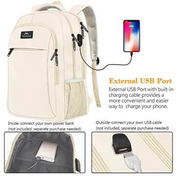 MATEIN Beige Laptop Backpack 15.6 Inch, Lightweight Sturdy Bag for College Supplies with USB Chargin...