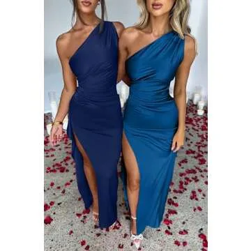 Memoriesea Women's Sexy One Shoulder Satin High Split Cocktail Evening Party Maxi Dress Dark Navy
