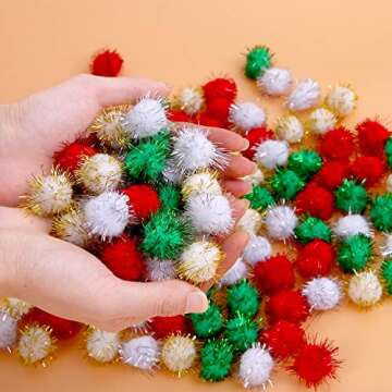 Cooraby 200 Pieces Glitter Christmas Pom Poms for Crafts