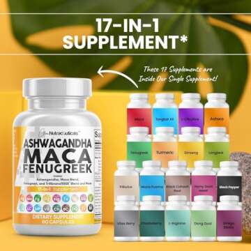 Clean Nutraceuticals Ashwagandha Maca Root Fenugreek Supplement with Tongkat Ali Ginseng - Assists with Stress, Mood & Thyroid - Ashwagandha Capsules Fenugreek Caps - 1 Pack