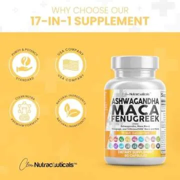 Clean Nutraceuticals Ashwagandha Maca Root Fenugreek Supplement with Tongkat Ali Ginseng - Assists with Stress, Mood & Thyroid - Ashwagandha Capsules Fenugreek Caps - 1 Pack