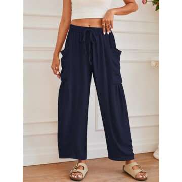 YKR Wide Leg Pants Woman Casual Loose Lightweigt Beach Palazzo Harem Pants Flowy Pants 2024 Navyblue S