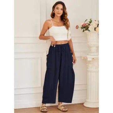 YKR Wide Leg Pants Woman Casual Loose Lightweigt Beach Palazzo Harem Pants Flowy Pants 2024 Navyblue S