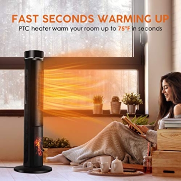 Ceramic Tower Space Heater with Remote and Realistic Flame