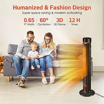 Ceramic Tower Space Heater with Remote and Realistic Flame