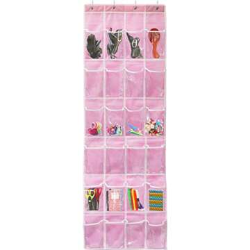 Simple Houseware 24 Pockets - Crystal Clear Over The Door Hanging Shoe Organizer, Pink