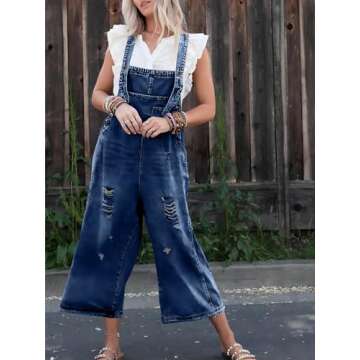 Tongmingyun Women's Casual Denim Overalls Loose Adjustable Strap Distressed Bib Jeans Overall Jumpsuits with Pocket