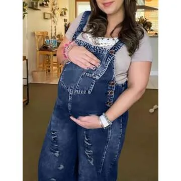 Tongmingyun Women's Casual Denim Overalls Loose Adjustable Strap Distressed Bib Jeans Overall Jumpsuits with Pocket