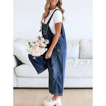Tongmingyun Women's Casual Denim Overalls Loose Adjustable Strap Distressed Bib Jeans Overall Jumpsuits with Pocket