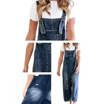 Tongmingyun Women's Casual Denim Overalls Loose Adjustable Strap Distressed Bib Jeans Overall Jumpsuits with Pocket