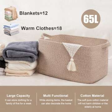 SIXDOVE 65L Large Storage Basket, Cotton Rope Woven Blanket Basket, Toy Basket for Baby Room, Basket for Storage in Living Room, Brown