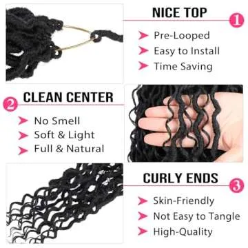 RuiYok 18 Inch Goddess Locs Crochet Hair 8 Packs Curly Boho Faux Locs Crochet Hair for Black Women Pre-looped River Locs Crochet Hair with Curly Ends Synthetic Hair Extensions(#1B)