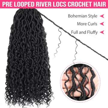 RuiYok 18 Inch Goddess Locs Crochet Hair 8 Packs Curly Boho Faux Locs Crochet Hair for Black Women Pre-looped River Locs Crochet Hair with Curly Ends Synthetic Hair Extensions(#1B)