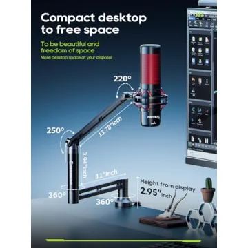 M05 Boom Arm, 360° Rotatable Microphone Stand with Desk Mount, Foldable Desk Mic Arm with 3/8'' to 5/8'' Screw Adapter, Microphone Arm for Live Streaming, Gaming, Podcasting, Radio
