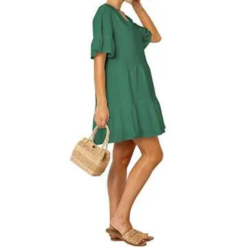 FANCYINN Women Ruffle Mini Short Dress for St Patricks Day with Pockets Bell Sleeve V Neck Beach Swi...