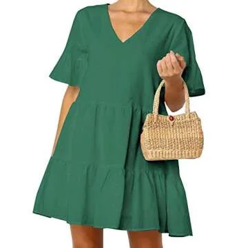 FANCYINN Women Ruffle Mini Short Dress for St Patricks Day with Pockets Bell Sleeve V Neck Beach Swing Tunic Shift Dress Dark Green M