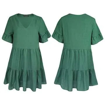 FANCYINN Women Ruffle Mini Short Dress for St Patricks Day with Pockets Bell Sleeve V Neck Beach Swing Tunic Shift Dress Dark Green M