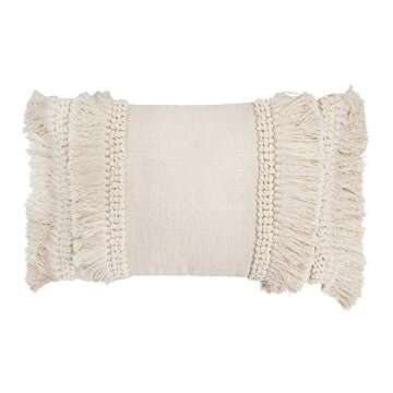 Creative Co-Op Cotton & Chenille Woven Lumbar Pillow with Fringe, Cream, 24'L x 16'W x 3'H, 1.0 pounds