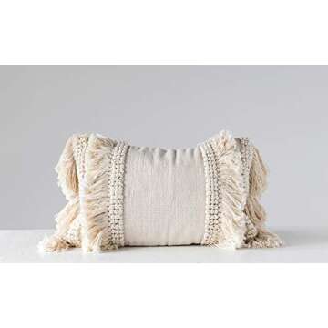 Creative Co-Op Cotton & Chenille Woven Lumbar Pillow with Fringe, Cream, 24'L x 16'W x 3'H, 1.0 pounds