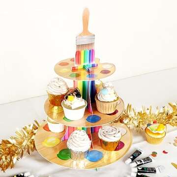 Painting Cupcake Holder, 3-Tier Art Theme Cardboard Cupcake Stand, Dessert Tower Display Party Supplies Decoration