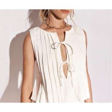 Linen Bow Tie Front Tank Top Women Coquette Pleated Peplum Blouse Y2K Babydoll Ruffle Shirt Sleevele...