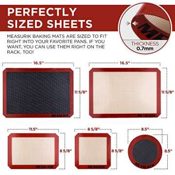 Measurik Silicone Baking Mats Set of 5 - Baking Sheets for Oven Nonstick (2 Half Sheets + 1 Quarter Sheet + 1 Square + 1 Round) - Food Grade Reusable Oven Liner - Cookie Sheets