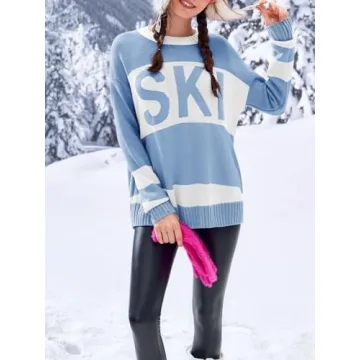 Saodimallsu Womens Color Block Oversized Sweater Ski Print 2024 Trendy Crew Neck Long Sleeve Pullover Sweaters Knit Tops Blue