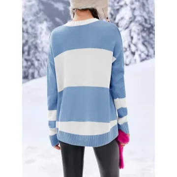 Saodimallsu Womens Color Block Oversized Sweater Ski Print 2024 Trendy Crew Neck Long Sleeve Pullover Sweaters Knit Tops Blue