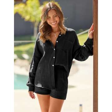 AUTOMET 2 Piece Sets For Women Lounge Wear Matching Two Piece Pajama Fashion Oversized Shirts And Shorts Spring Outfit 2025 01Black S