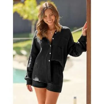 AUTOMET 2 Piece Sets For Women Lounge Wear Matching Two Piece Pajama Fashion Oversized Shirts And Shorts Spring Outfit 2025 01Black S