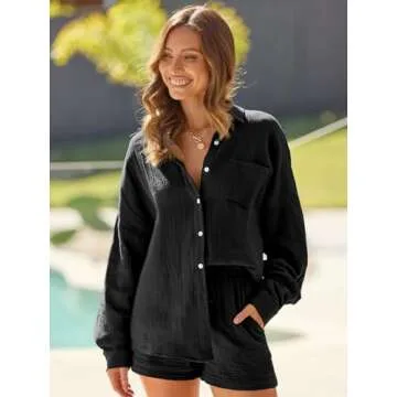 AUTOMET 2 Piece Sets For Women Lounge Wear Matching Two Piece Pajama Fashion Oversized Shirts And Shorts Spring Outfit 2025 01Black S