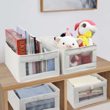 Fordonral 4 Pack Linen Storage Bins, Storage Containers for Organizing Clothing, Jeans, Toys, Books, Shelves, Closet, Wardrobe - Closet Organizers and Storage, Large Storage Boxes Baskets with Window