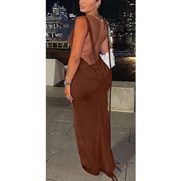Women’s Sexy Spaghetti Strap Backless Cami Dress Bodycon Summer Party Cocktail Formal Halter Sundress Brown