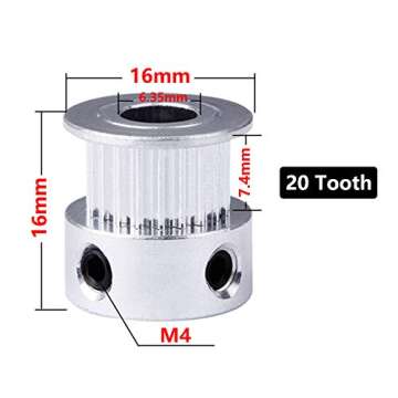 Saiper 5pcs GT2 20 Teeth 6.35mm Bore Timing Pulley Aluminum Synchronous Wheel for 6mm Belt, Compatib...