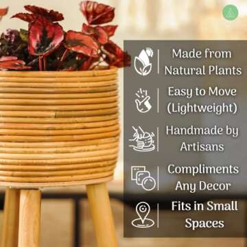 Glamplife Natural Rattan Plant Stand - Handmade Wicker Plant Stand - Boho Plant Stand - Rattan Planter for Rattan Decor - Indoor House Plants - Boho Plants