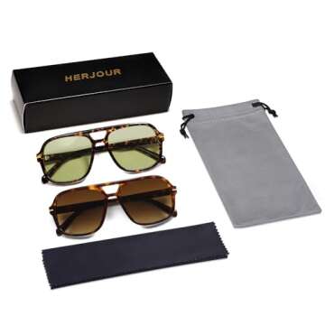 HERJOUR Retro Trendy Square Aviator Sunglasses Womens Mens 70s Classic Vintage Oversized Sun Glasses AR82173