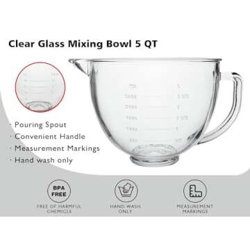 Glass Mixing Bowl 5 QT for KitchenAid 4.5 and 5 Quart Tilt-Head Stand Mixers, Fits Artisan KSM150, RRK150, KSM100, K45SS, KSM90, KSM95, K45, KSM110, 5KSM125 and More