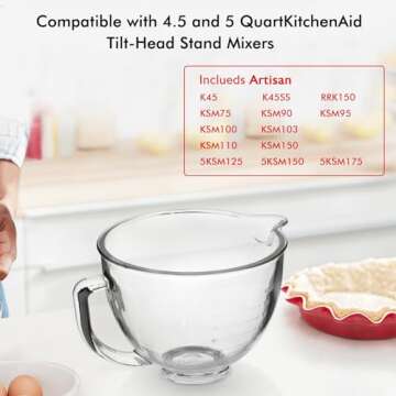 Glass Mixing Bowl 5 QT for KitchenAid 4.5 and 5 Quart Tilt-Head Stand Mixers, Fits Artisan KSM150, RRK150, KSM100, K45SS, KSM90, KSM95, K45, KSM110, 5KSM125 and More