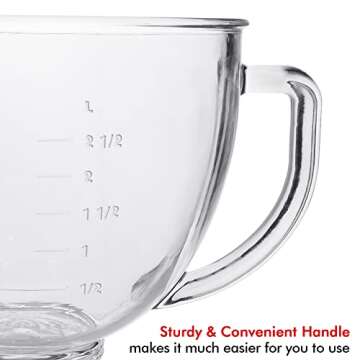 Glass Mixing Bowl 5 QT for KitchenAid 4.5 and 5 Quart Tilt-Head Stand Mixers, Fits Artisan KSM150, RRK150, KSM100, K45SS, KSM90, KSM95, K45, KSM110, 5KSM125 and More