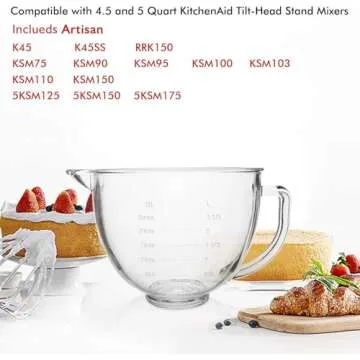 Glass Mixing Bowl 5 QT for KitchenAid 4.5 and 5 Quart Tilt-Head Stand Mixers, Fits Artisan KSM150, RRK150, KSM100, K45SS, KSM90, KSM95, K45, KSM110, 5KSM125 and More
